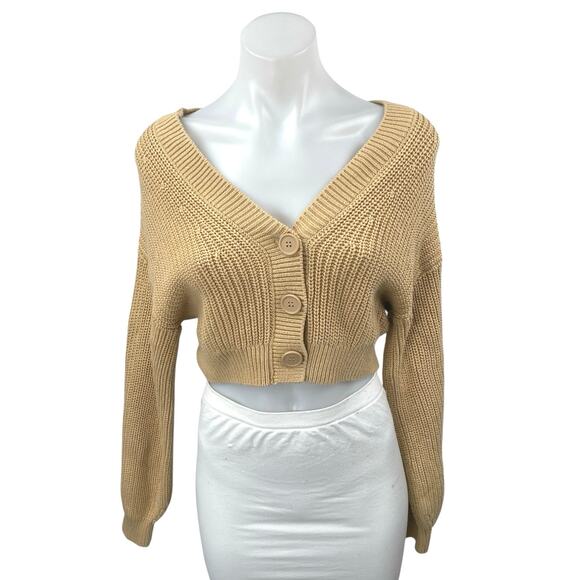 H&M Tan Khaki Long Sleeve V Neck Button Down Cropped Cardigan Sweater Top XS - Picture 1 of 4